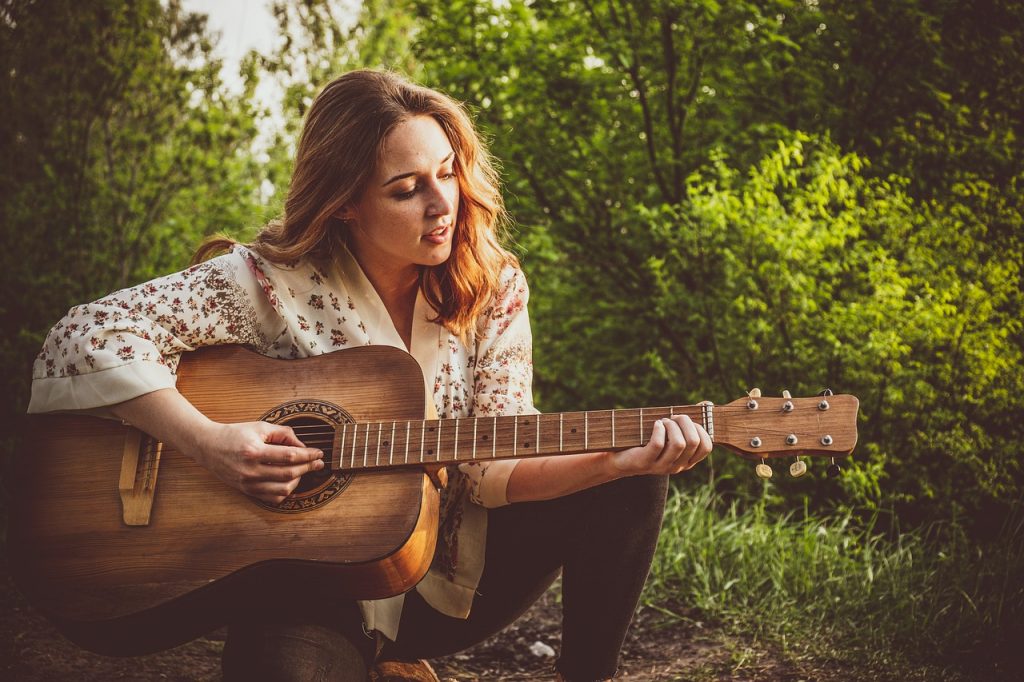 girl, playing the guitar, nature